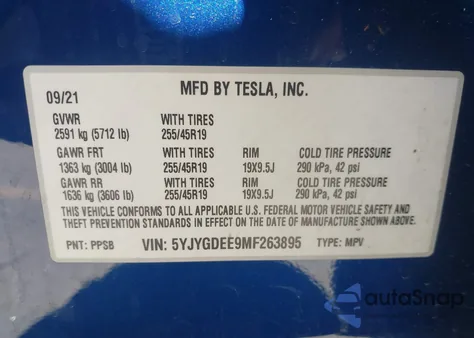 2021 Tesla Model Y Long Range Dual Motor All-Wheel Drive из США, поврежденный, VIN 5YJYGDEE9MF263895